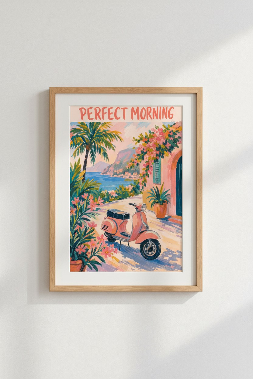 Amalfi Coast Beach Poster | Pink Vespa Italy Wall Art | Mediterranean Coastal Decor