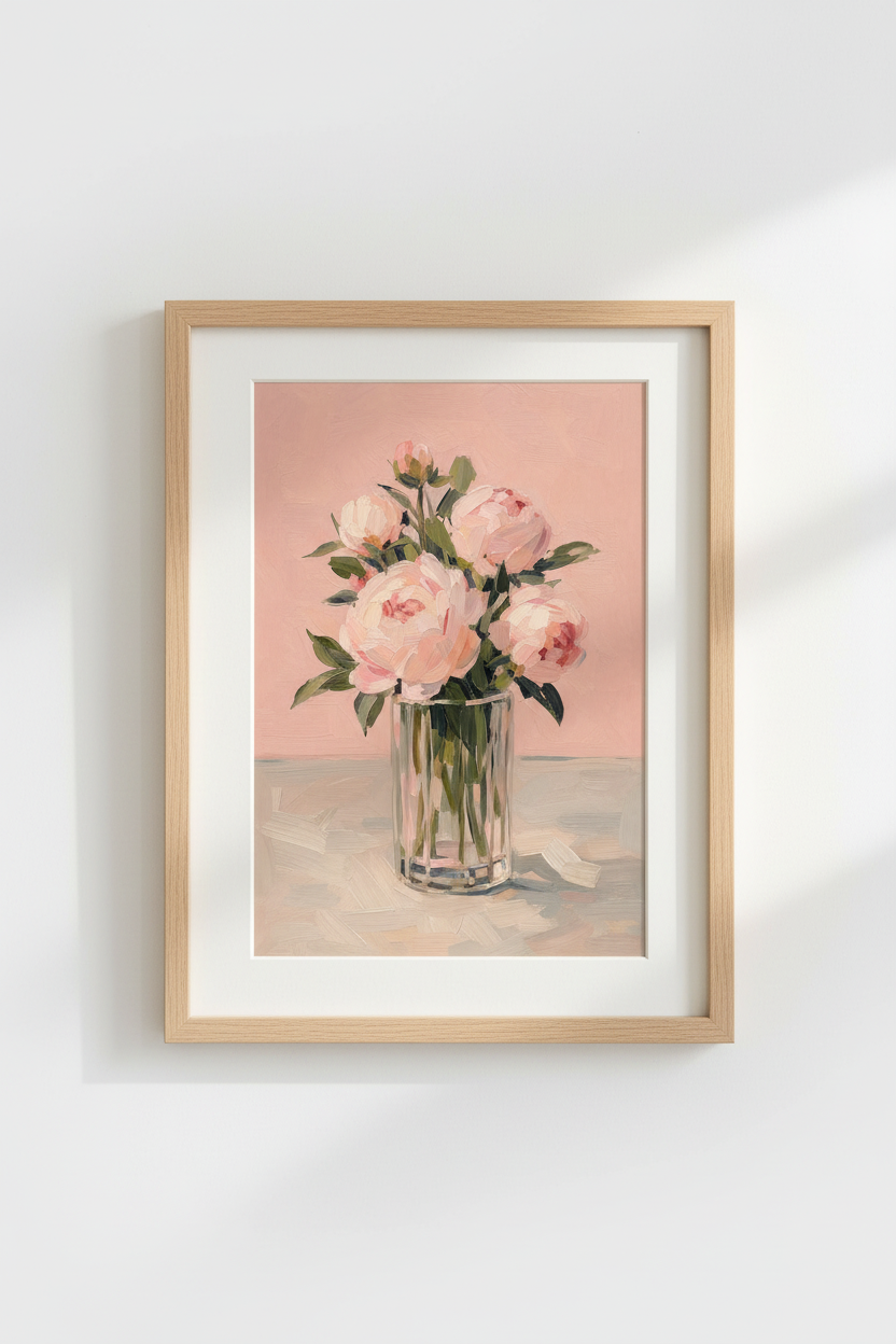 Peony Oil Painting Print | Pink Floral Wall Art | Romantic Impasto Poster