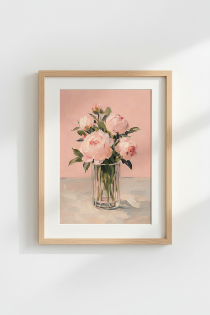 Peony Oil Painting Print | Pink Floral Wall Art | Romantic Impasto Poster