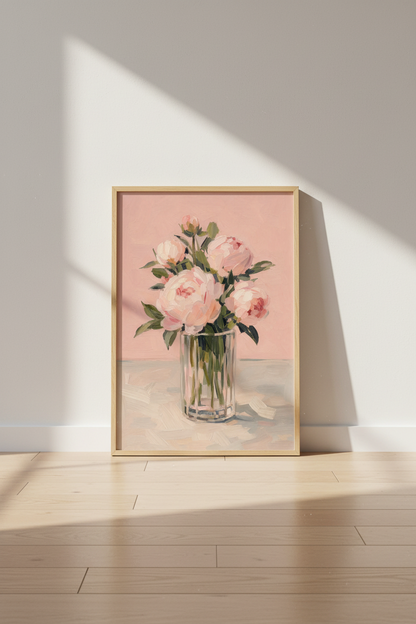 Peony Oil Painting Print | Pink Floral Wall Art | Romantic Impasto Poster