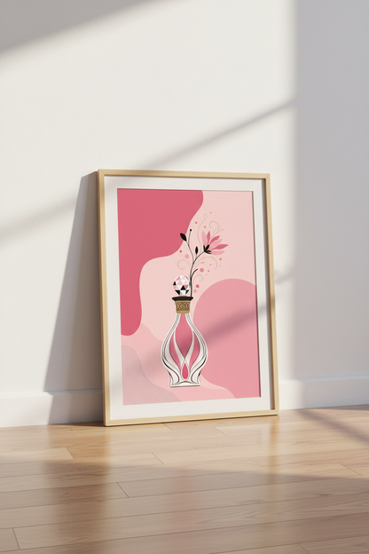 Pink Perfume Bottle Wall Art | Chic Floral Illustration, Bedroom &amp; Vanity Decor
