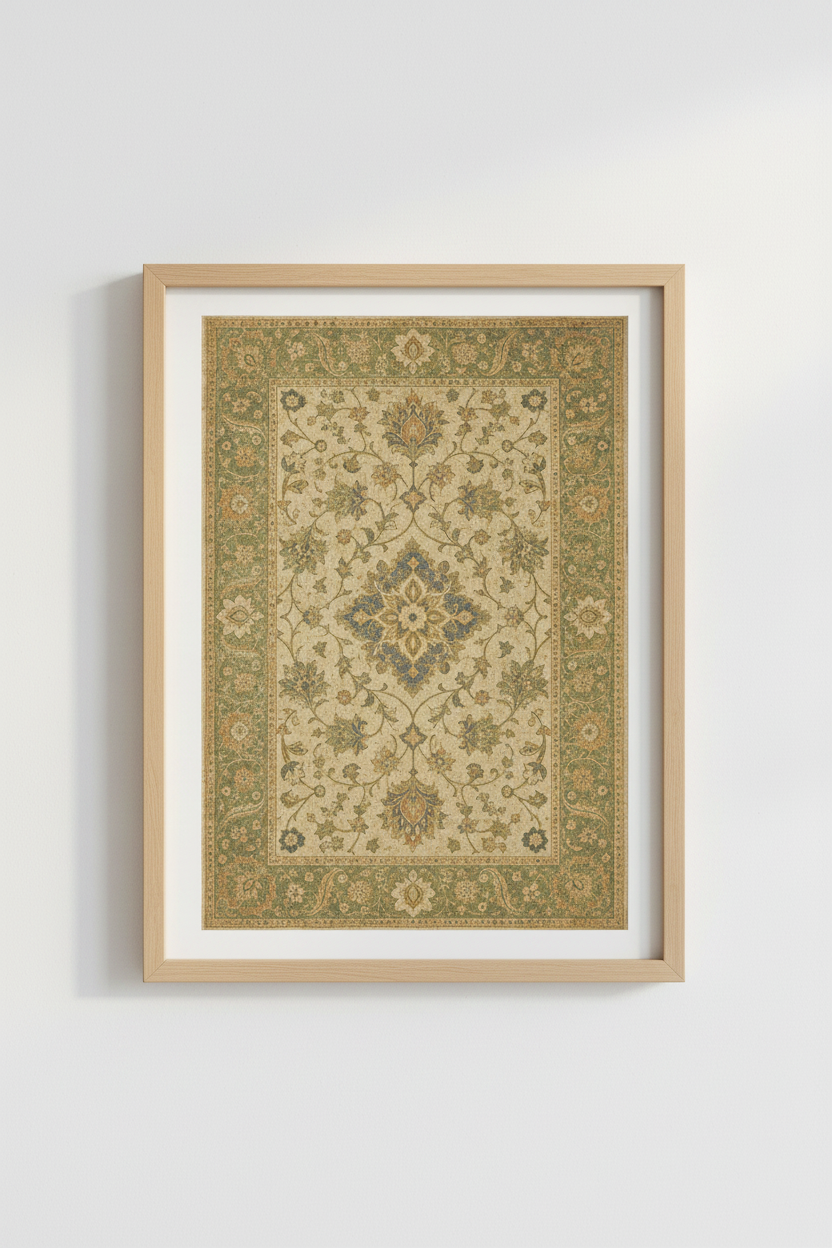 Persian rug wall art | Vintage blues &amp; creams, living room display