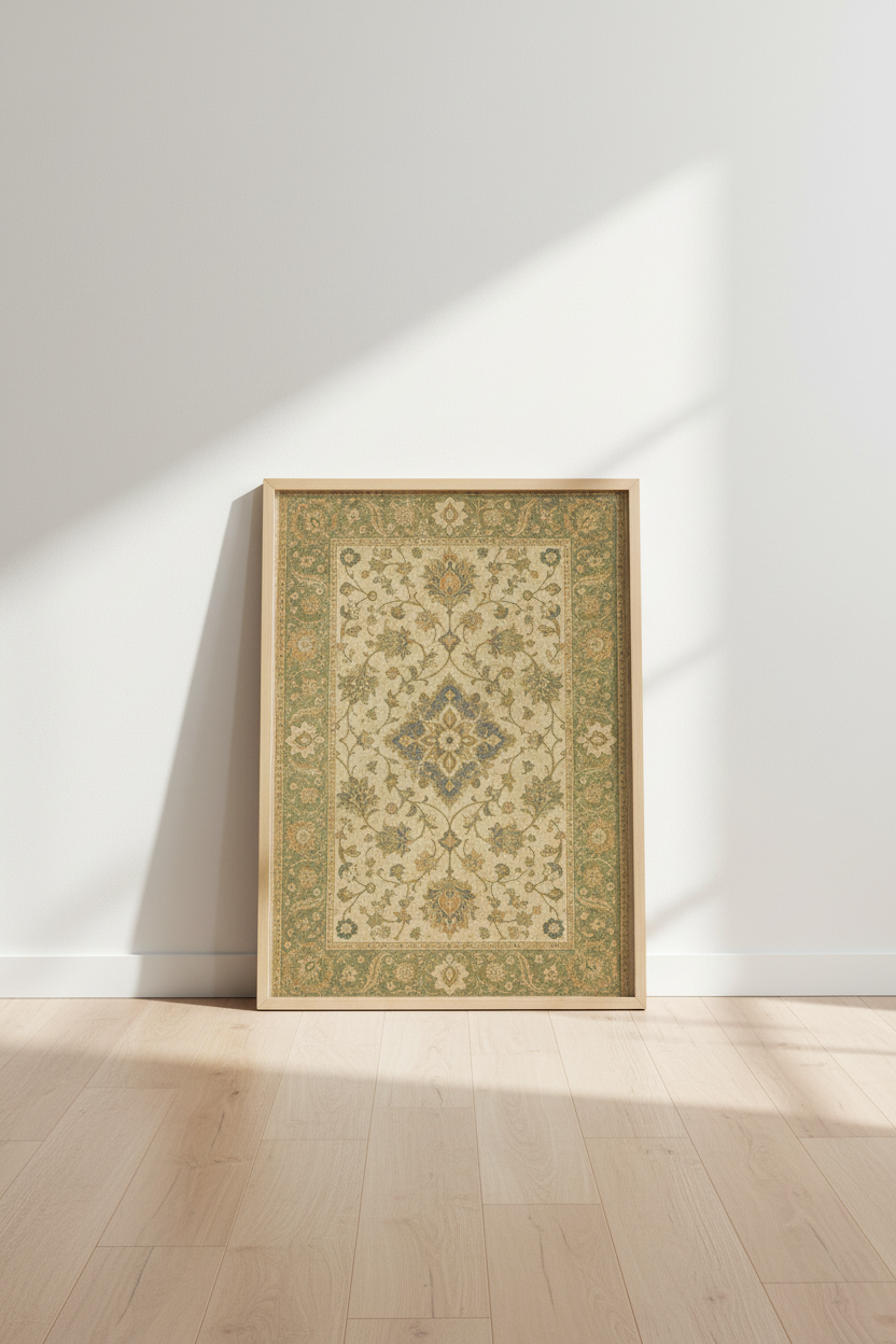 Persian rug wall art | Vintage blues &amp; creams, living room display