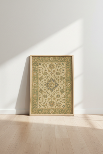 Persian rug wall art | Vintage blues &amp; creams, living room display