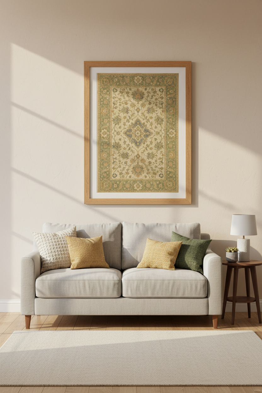 Persian rug wall art | Vintage blues &amp; creams, living room display