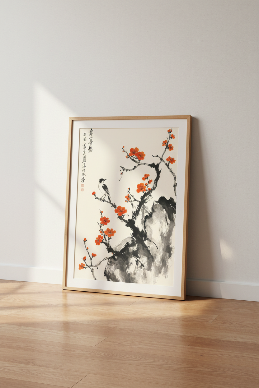 Japanese Ink Plum Blossom Wall Art | Bird &amp; Flower Print, Zen Living Room Decor