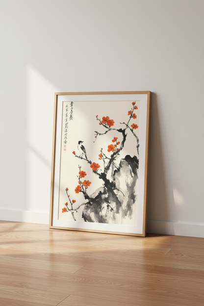 Japanese Ink Plum Blossom Wall Art | Bird &amp; Flower Print, Zen Living Room Decor