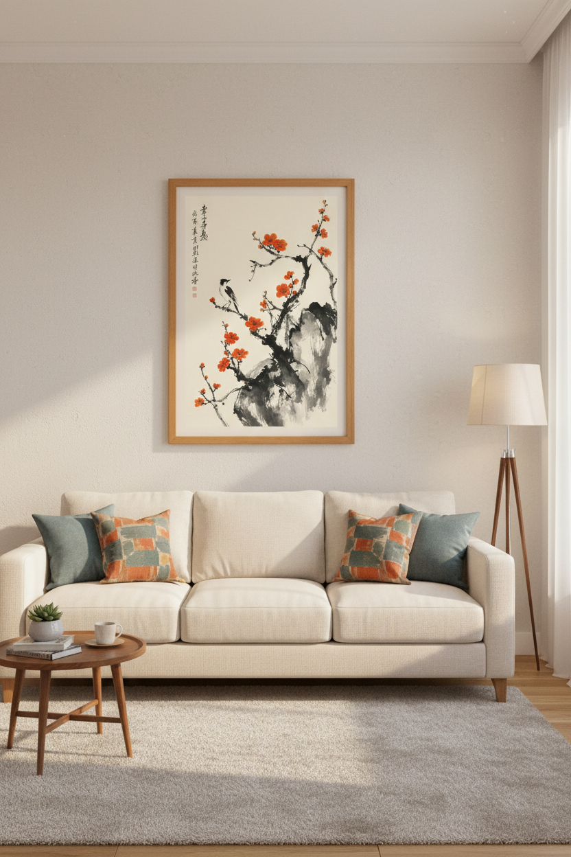 Japanese Ink Plum Blossom Wall Art | Bird &amp; Flower Print, Zen Living Room Decor