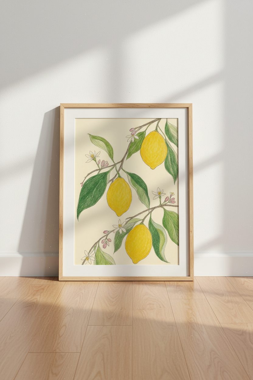 Lemon Branch Botanical Wall Art | Vintage Citrus Kitchen Decor | Greenery Poster