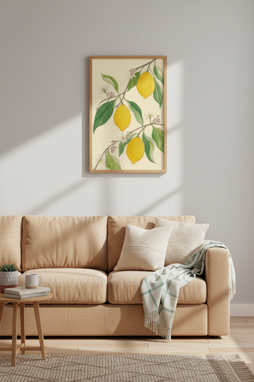 Lemon Branch Botanical Wall Art | Vintage Citrus Kitchen Decor | Greenery Poster