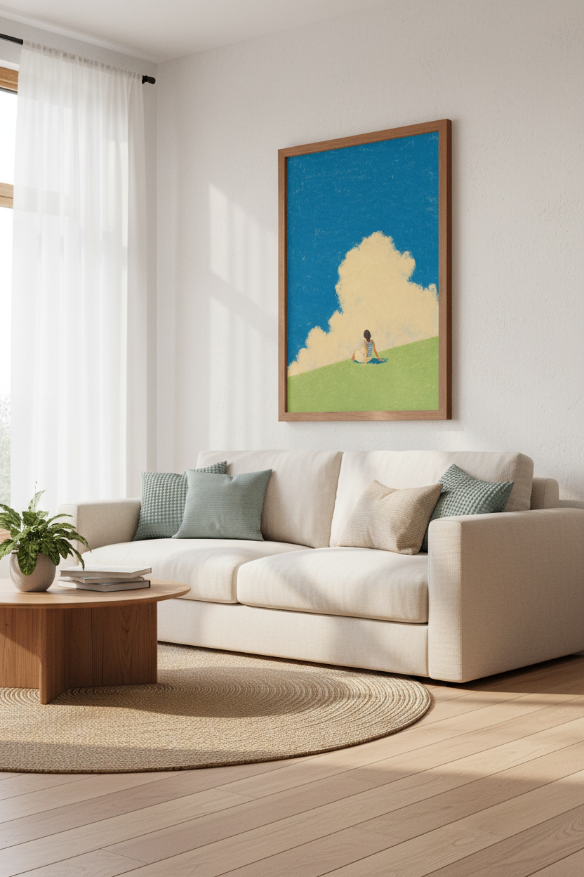 Summer Girl &amp; Clouds Art | Minimalist Blue Sky Poster, Bedroom Decor
