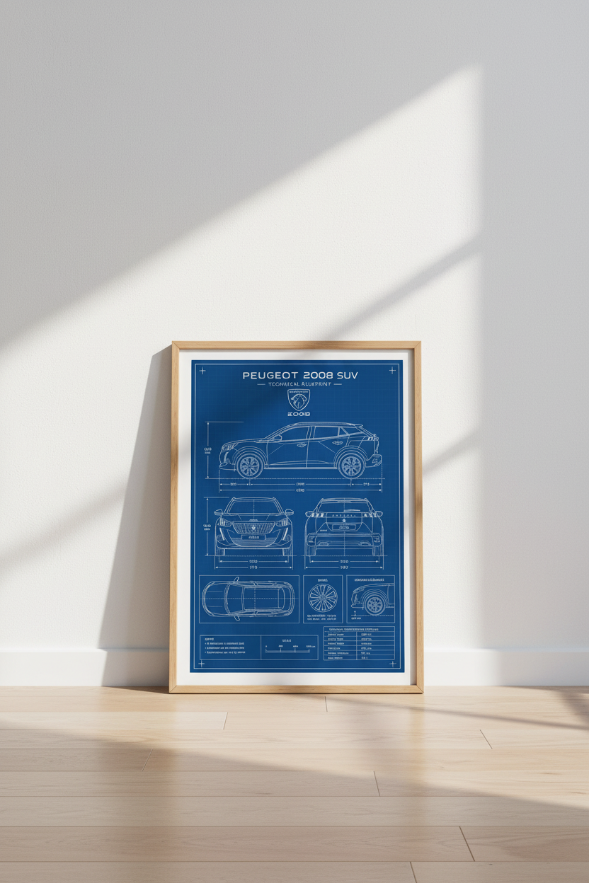 Peugeot 2008 SUV Blueprint Wall Art | Office Decor | Car Enthusiast Poster