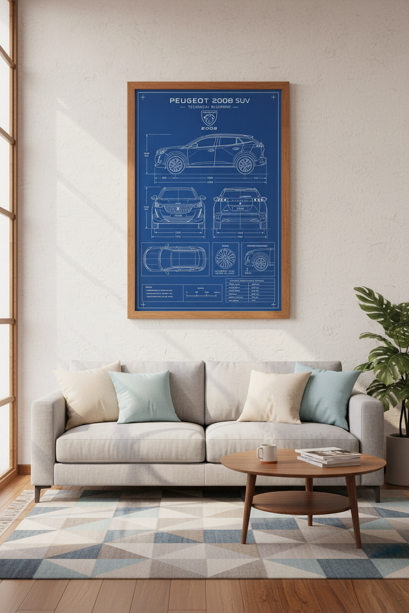 Peugeot 2008 SUV Blueprint Wall Art | Office Decor | Car Enthusiast Poster