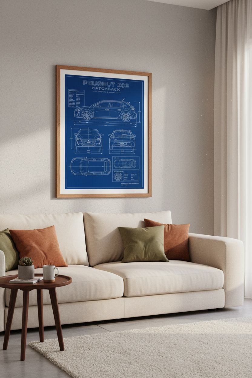 Peugeot 208 Hatchback Blueprint Art | Garage Decor | Technical Poster