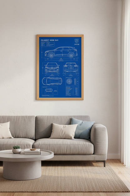 Peugeot 3008 SUV Blueprint Art | Car Technical Schematic Poster, Office Decor