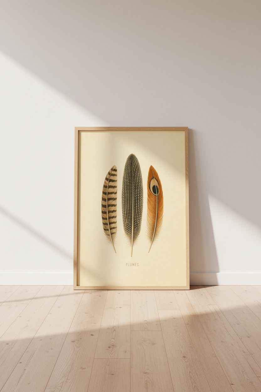 Vintage Feather Plumes Art Print | Rustic Botanical Decor | Neutral Earth Tone Poster