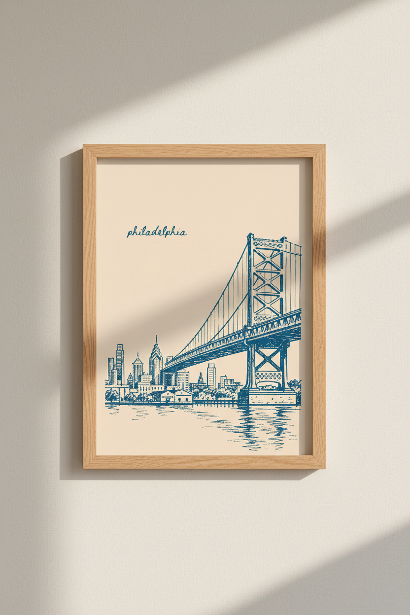 Philadelphia City Poster | Vintage Skyline Sketch, Ben Franklin Bridge Wall Art