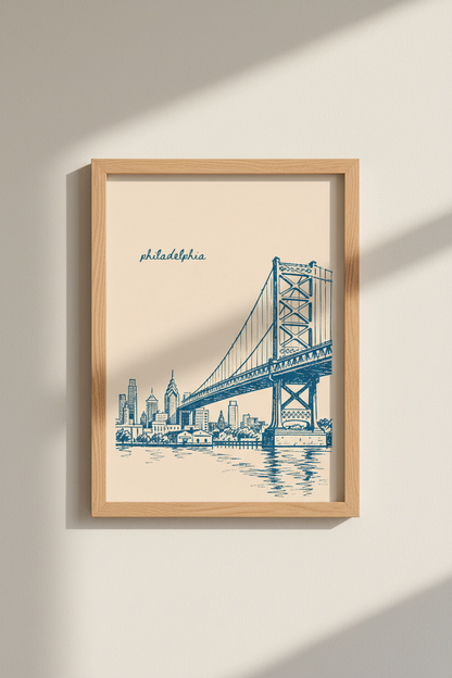 Philadelphia City Poster | Vintage Skyline Sketch, Ben Franklin Bridge Wall Art