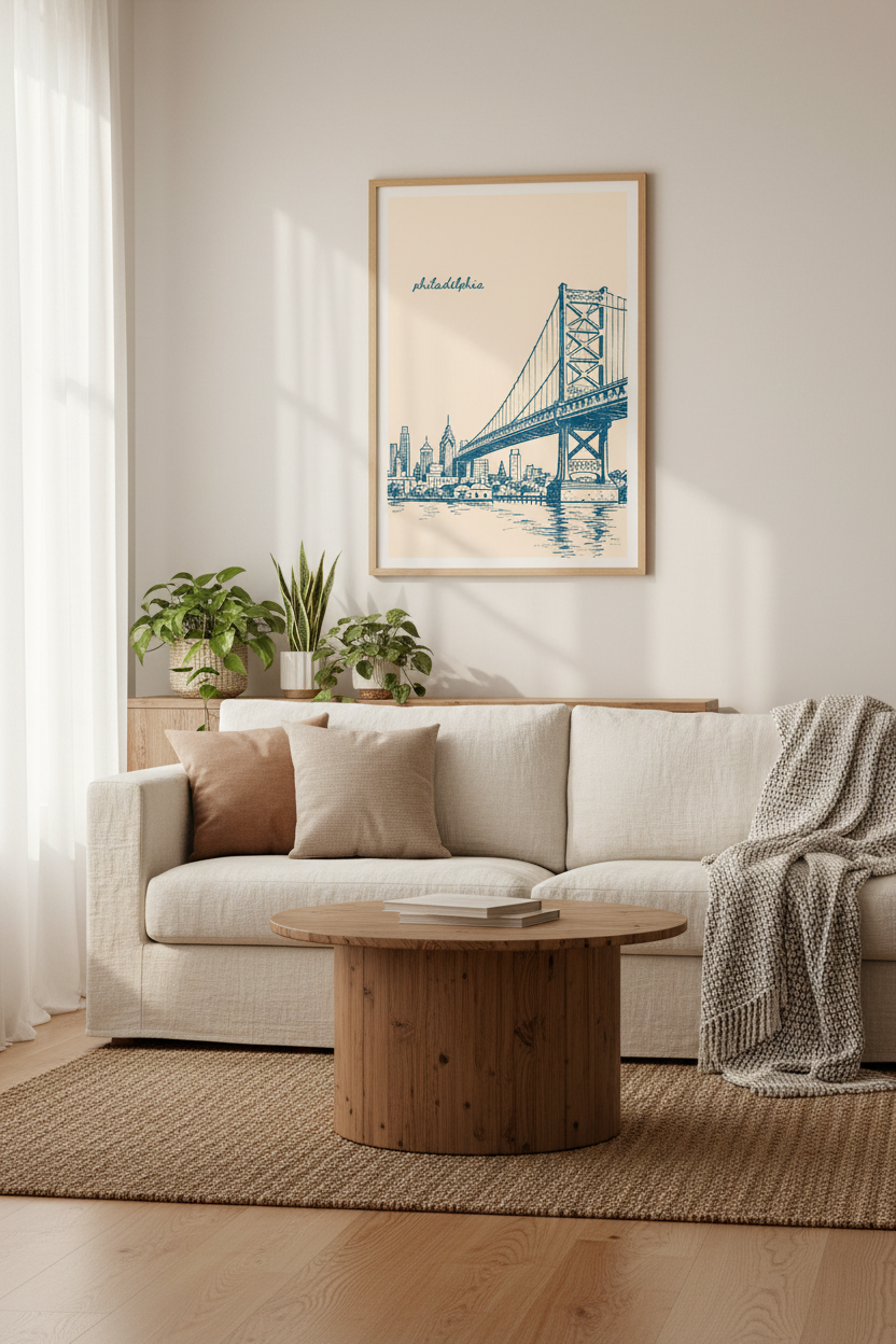 Philadelphia City Poster | Vintage Skyline Sketch, Ben Franklin Bridge Wall Art