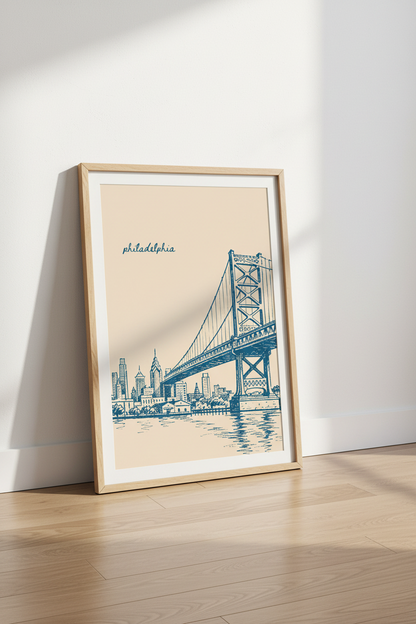 Philadelphia City Poster | Vintage Skyline Sketch, Ben Franklin Bridge Wall Art
