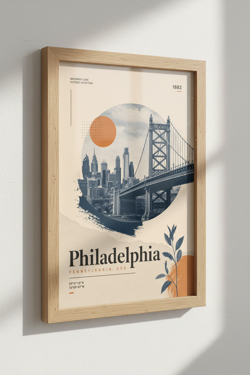 Philadelphia Skyline Art | Vintage Mid-Century Modern Poster, Office Wall Decor