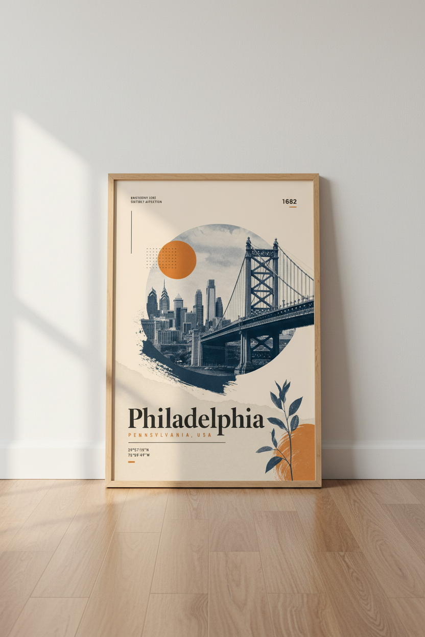 Philadelphia Skyline Art | Vintage Mid-Century Modern Poster, Office Wall Decor