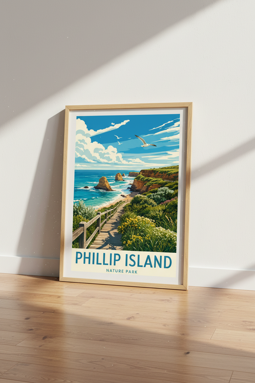 Phillip Island Australia Travel Poster | Coastal Landscape Wall Art | Retro Beach Decor