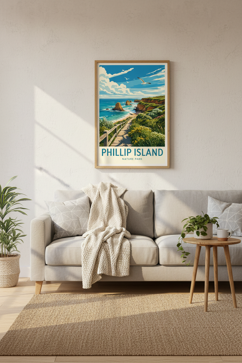 Phillip Island Australia Travel Poster | Coastal Landscape Wall Art | Retro Beach Decor