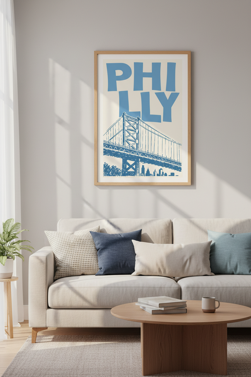 Philadelphia City Print | Ben Franklin Bridge Wall Art, Blue Modern Travel Poster