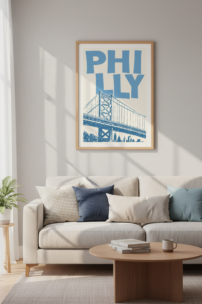 Philadelphia City Print | Ben Franklin Bridge Wall Art, Blue Modern Travel Poster