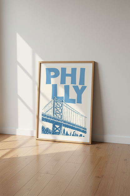 Philadelphia City Print | Ben Franklin Bridge Wall Art, Blue Modern Travel Poster