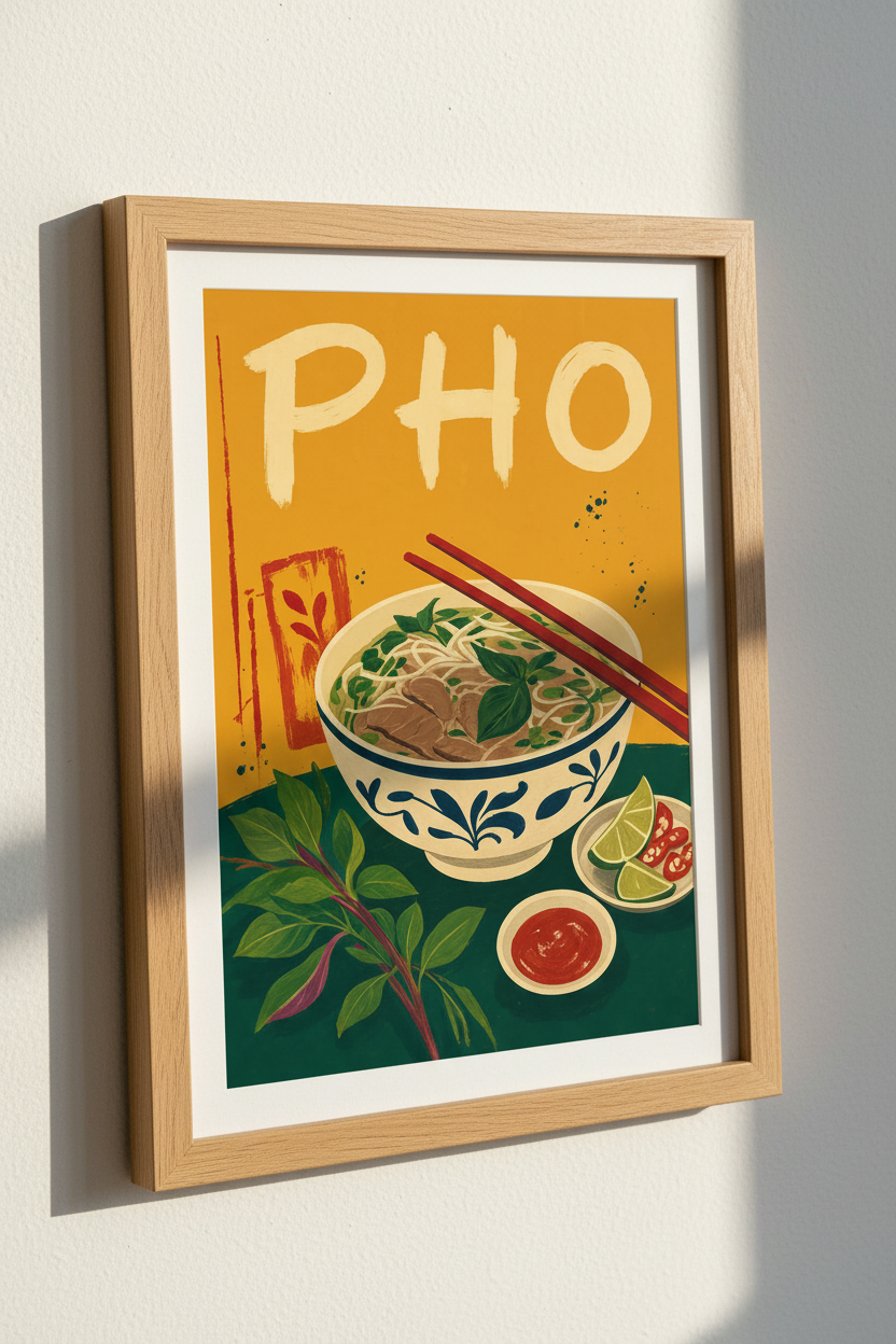 Pho Bowl Noodle Wall Art | Vibrant Asian Food Poster | Kitchen &amp; Dining Decor