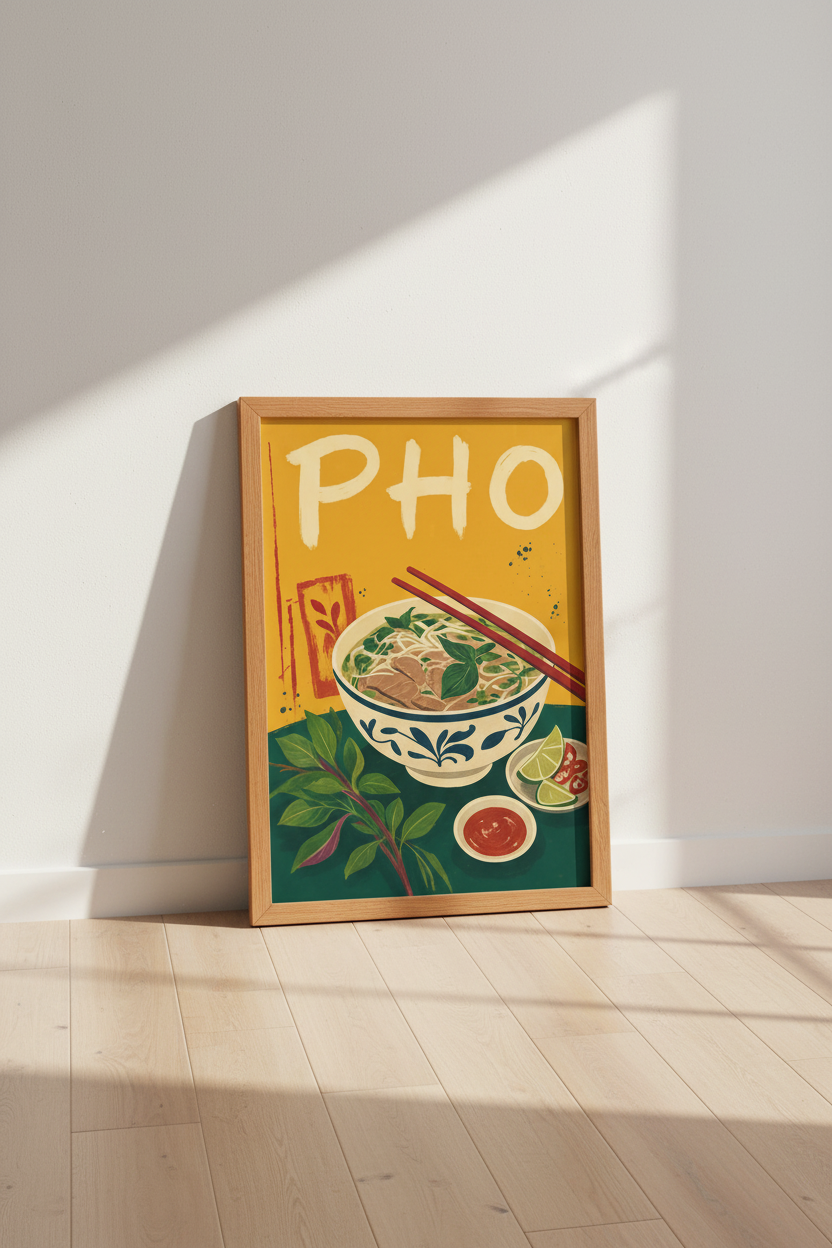 Pho Bowl Noodle Wall Art | Vibrant Asian Food Poster | Kitchen &amp; Dining Decor