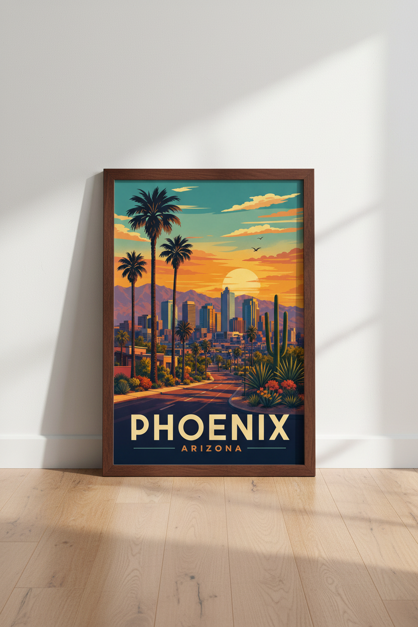 Phoenix Arizona Skyline Art | Retro Desert Sunset Poster, Southwest Living Room Decor