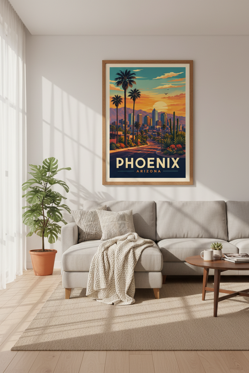 Phoenix Arizona Skyline Art | Retro Desert Sunset Poster, Southwest Living Room Decor