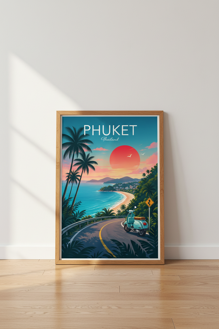 Phuket Thailand Travel Poster | Retro Coastal Wall Art | Tropical Beach Decor