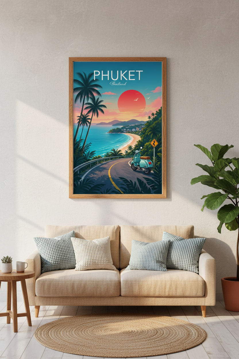 Phuket Thailand Travel Poster | Retro Coastal Wall Art | Tropical Beach Decor