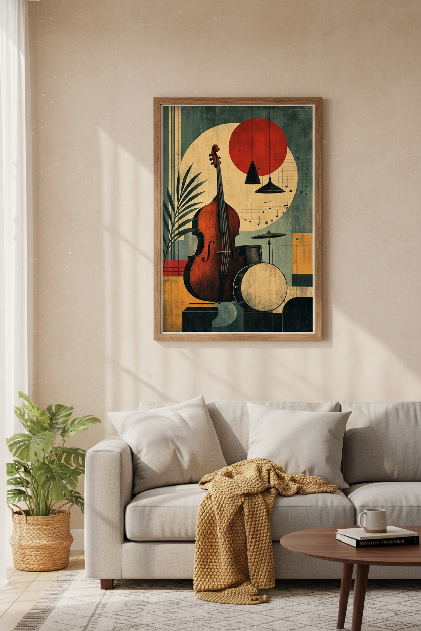 Jazz Music Wall Art | Mid Century Modern Retro Bass Poster, Music Room Decor