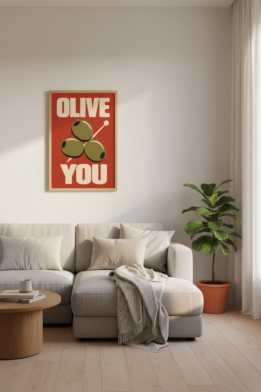 Olive You Wall Art Print | Retro Kitchen Decor | Food Pun Poster