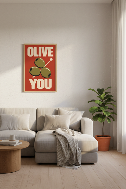 Olive You Wall Art Print | Retro Kitchen Decor | Food Pun Poster