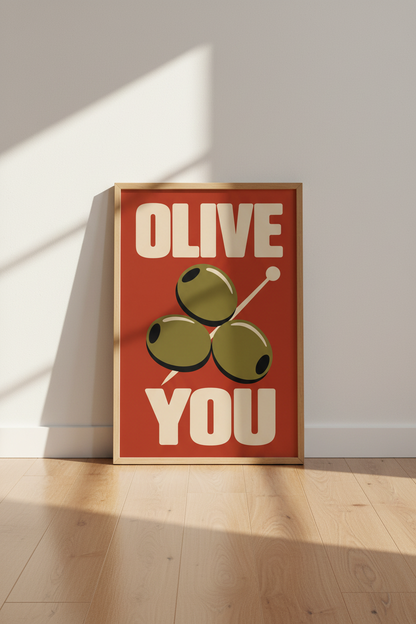Olive You Wall Art Print | Retro Kitchen Decor | Food Pun Poster