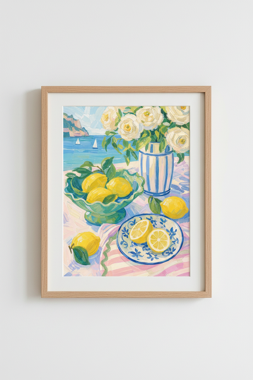 Coastal Amalfi Wall Art Print | Italian Lemon Poster, Mediterranean Kitchen Decor
