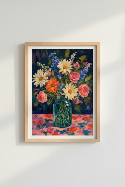 Floral Oil Painting Print | Wildflower Mason Jar Decor | Impressionist Poster