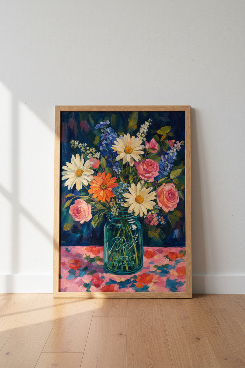 Floral Oil Painting Print | Wildflower Mason Jar Decor | Impressionist Poster