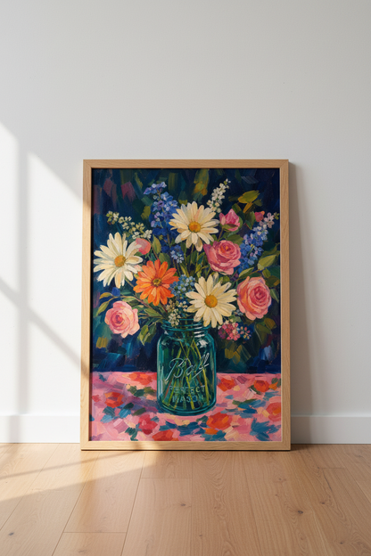 Floral Oil Painting Print | Wildflower Mason Jar Decor | Impressionist Poster