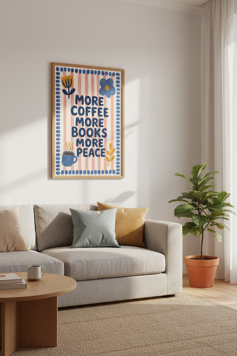 More Coffee More Books More Peace Art | Pink Striped Frame Poster | Cozy Kitchen Decor