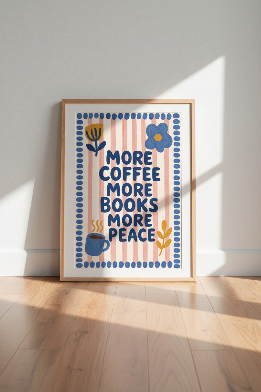 More Coffee More Books More Peace Art | Pink Striped Frame Poster | Cozy Kitchen Decor