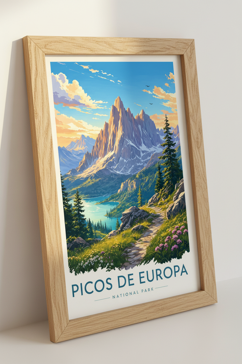 Picos de Europa Spain Travel Poster | Mountain Nature Wall Art | Vintage Aesthetic Print
