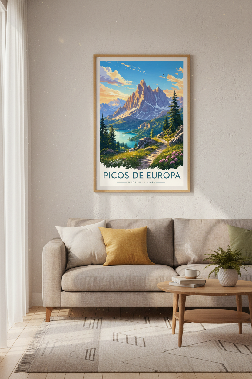 Picos de Europa Spain Travel Poster | Mountain Nature Wall Art | Vintage Aesthetic Print