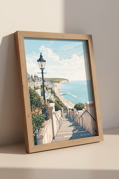 Coastal Town Wall Art Print | Seaside Village Decor | Pastel Beach Poster